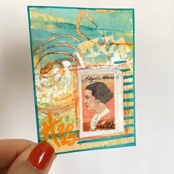 ACEO Original Acrylic Mixed Media Art 1985 US Abigail Adams Postage Stamp ATC - Picture 2 of 3